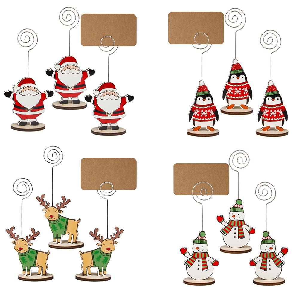 12Pcs Christmas Wood Place Card Holders with Swirl Wire and 20Pcs Kraft Place Cards, Wooden Table Memo Photo Picture Number Sign Stands Holder for Party Table Decorations — view 1