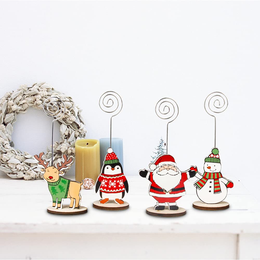 12Pcs Christmas Wood Place Card Holders with Swirl Wire and 20Pcs Kraft Place Cards, Wooden Table Memo Photo Picture Number Sign Stands Holder for Party Table Decorations — view 4