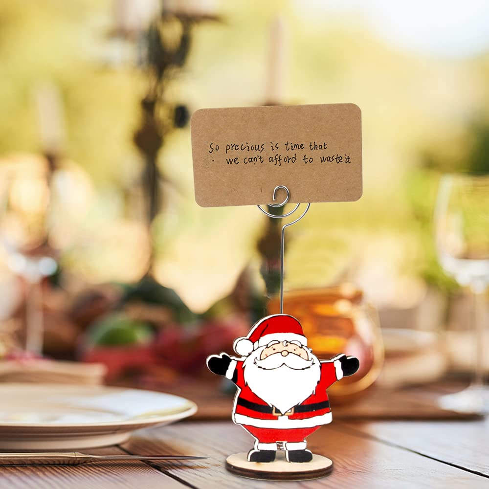 12Pcs Christmas Wood Place Card Holders with Swirl Wire and 20Pcs Kraft Place Cards, Wooden Table Memo Photo Picture Number Sign Stands Holder for Party Table Decorations — view 3