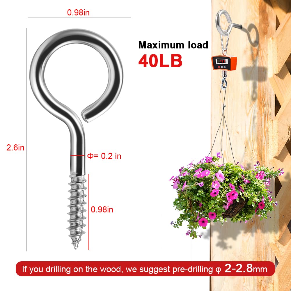 2.6′′ Screw Eyes Heavy Duty Screws Eye Bolts Stainless Steel Eye Hooks Self Tapping Eyelet Screw for Wood Indoor & Outdoor Use — view 2