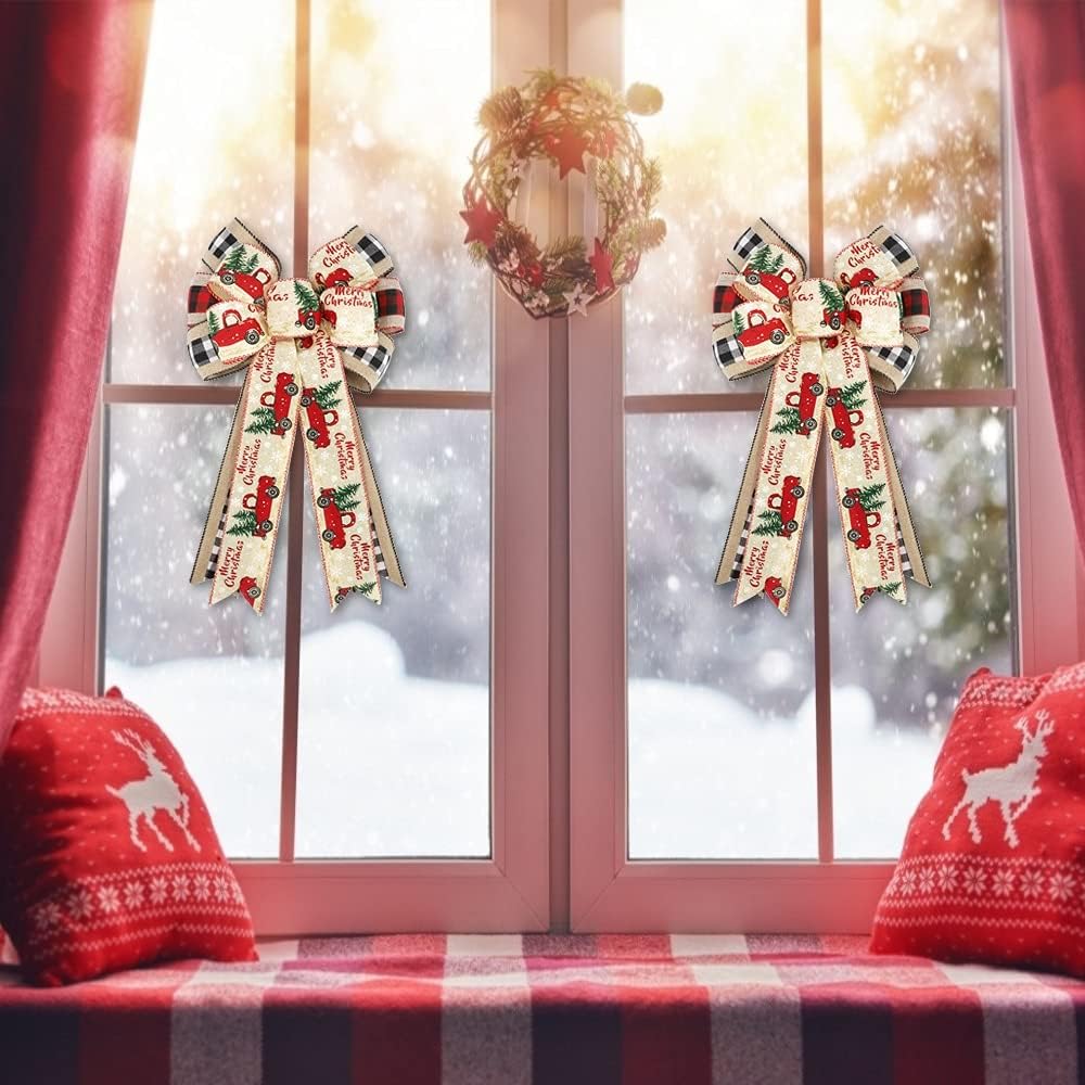 Christmas Bow – 2 Pack Large Truck Red Black Plaid Burlap Wired Bow for Christmas Wreath, Xmas Party, Christmas Tree Topper, Presents, Stair, Door, Indoor Outdoor Wall Decorations — view 5